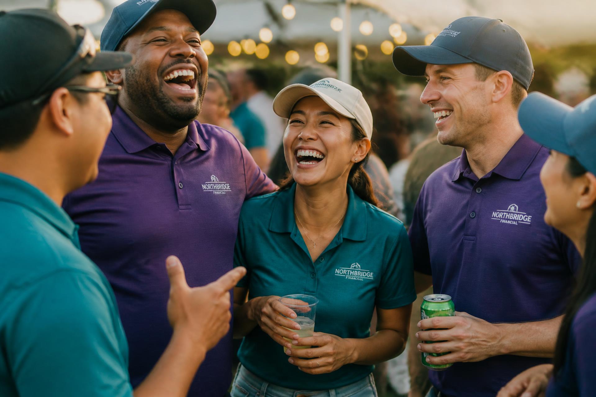 Diverse team celebrating together in custom branded apparel